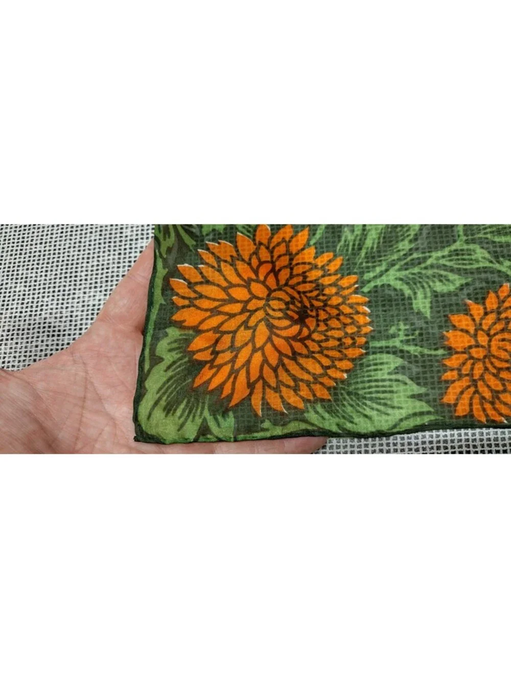 Vintage 40s Orange Floral Handkerchief Fine Silk Neck Scarf 1940s Colors Green